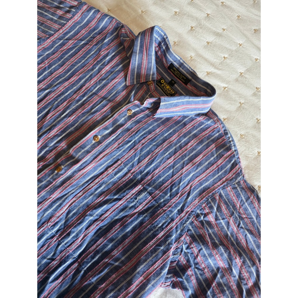 Vintage OshKosh Bgosh Mens XL Striped Short Sleeve Button Down Cotton Shirt Blue